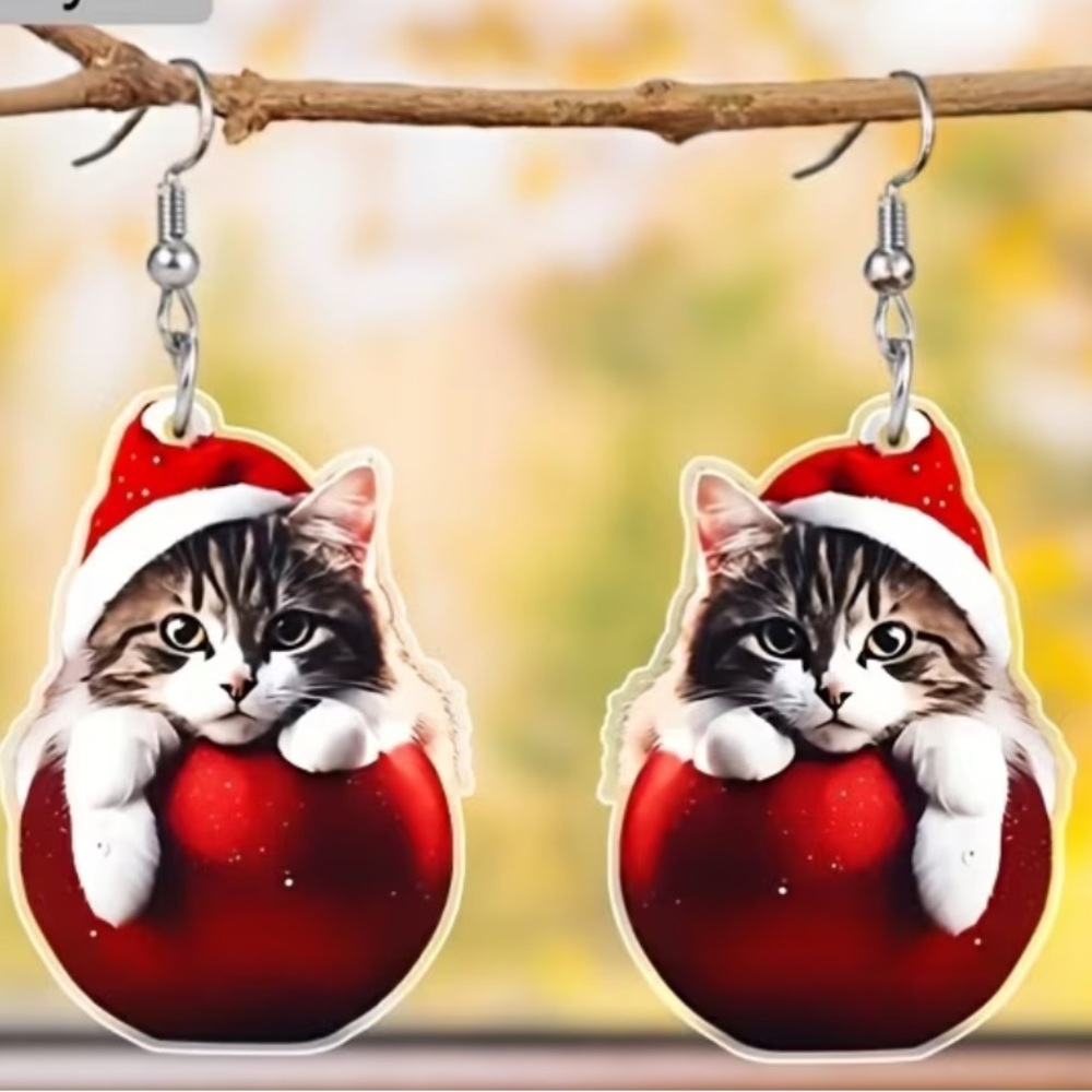 Festive Cat Earrings with Red Ornament - Picture 1 of 1